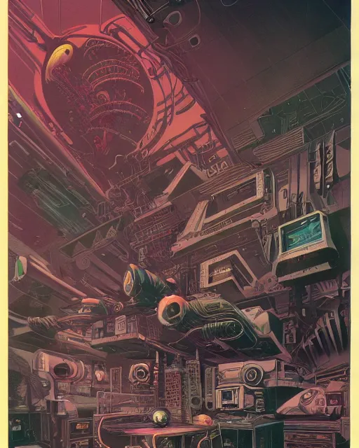 Prompt: dark retro illustration 1 9 7 5 science fiction, gouache and ink, mohrbacher, an evil supercomputer, art sussman, retro futurism