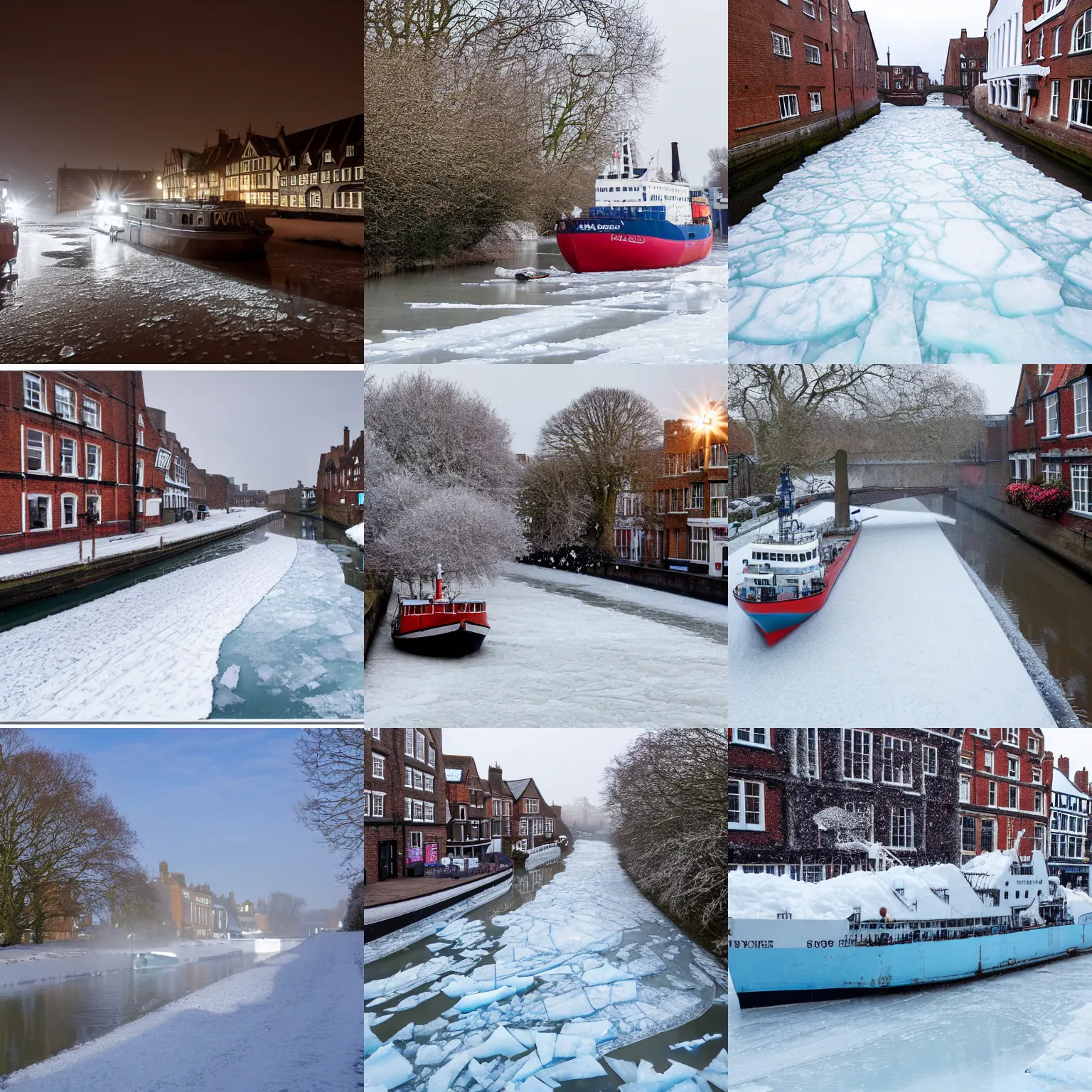 Prompt: an icebreaker ship on a frozen river stour in canterbury high street, winter, snowing heavily