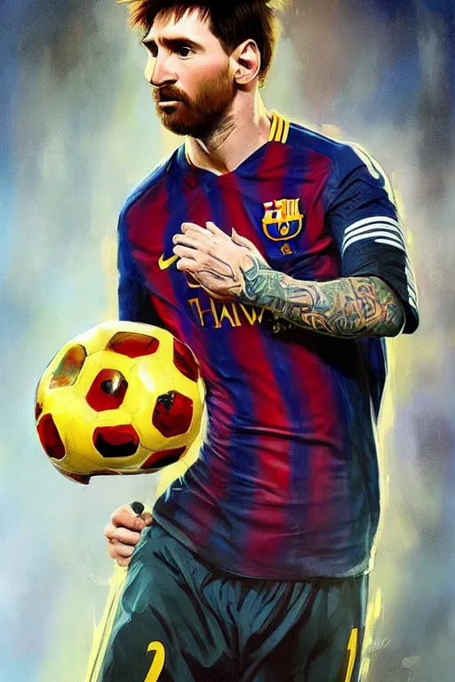 Image similar to male cottagecore lionel messi holding a soccer ball, intricate, swagger, highly detailed, digital painting, artstation, concept art, smooth, sharp, focus, illustration, art by artgerm and greg rutkowski and alphonse mucha