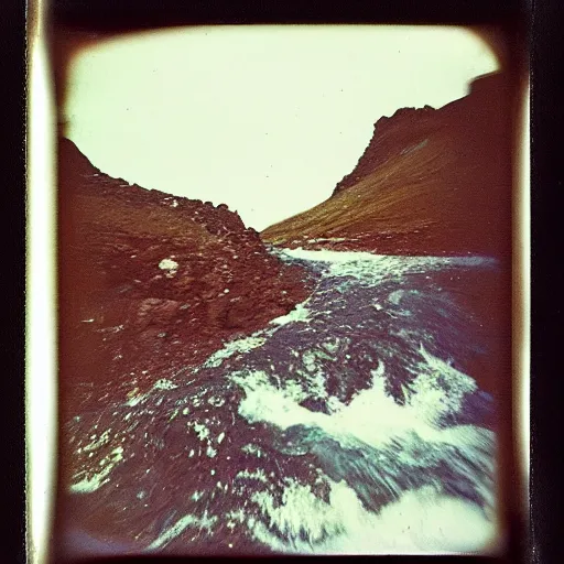 Image similar to a caldera with rushing water at the bottom, creepy, eerie, unsettling, terrifying, jagged rocks, dark, old polaroid, expired film, deep!!, dark!!!