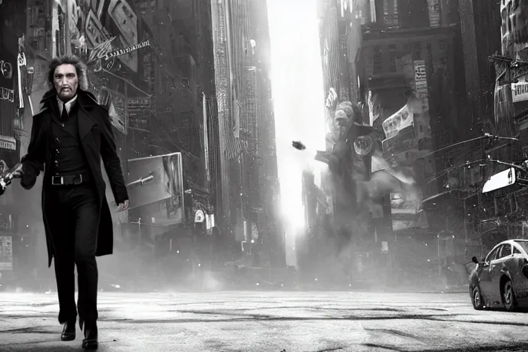 Image similar to vfx movie suave handsome grinning vampire with long white hair, trench coat, dual wielding large revolvers, ascending into the air in a shattered reality of new york city, by emmanuel lubezki