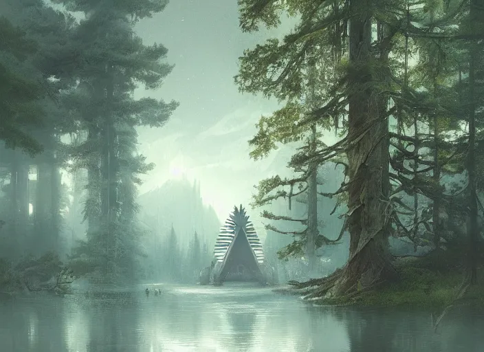 Image similar to a spaceship emerging from a lake, forest by Raoul Vitale and Greg Rutkowski