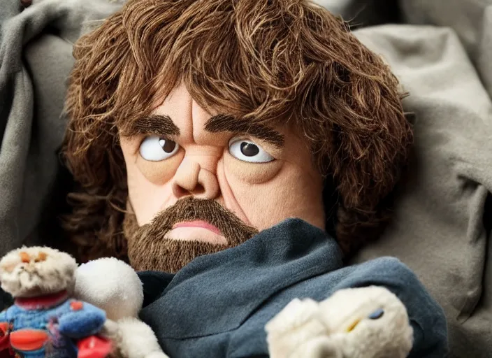 Prompt: peter dinklage hiding in stuffed animals at night, movie still, from the new toys r us movie, 8 k, realistic
