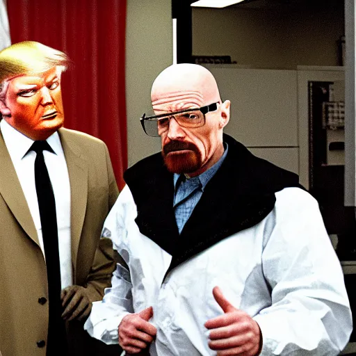 Image similar to donald trump meeting walter white in a laboratory