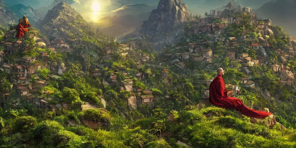 Image similar to a cinematic composition where a monk sits atop a mountain radiating his transformative energy to shift the cyberpunk civilization in the valley to a lush green overgrowing solarpunk civilization that is on top of the mountain