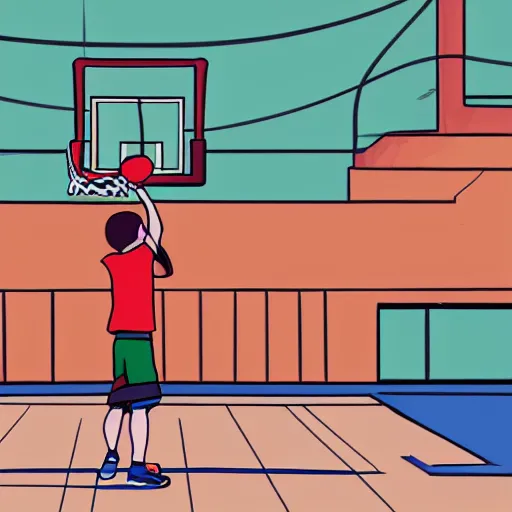 Prompt: a kid shooting a basketball at the basketball court, animation
