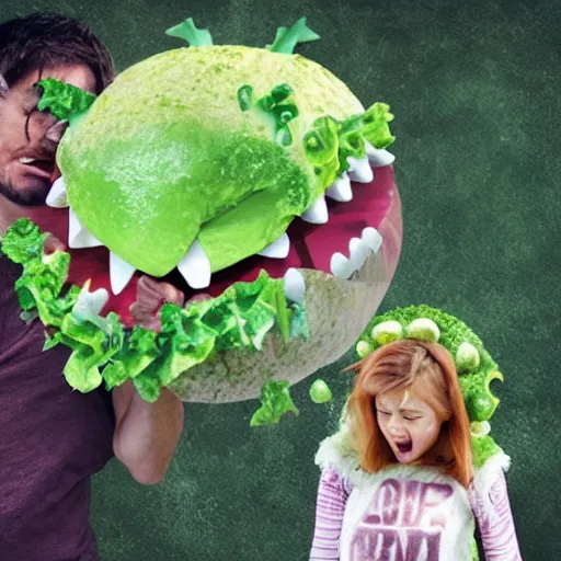 Image similar to a salad monster tries to eat a child, photo realistic