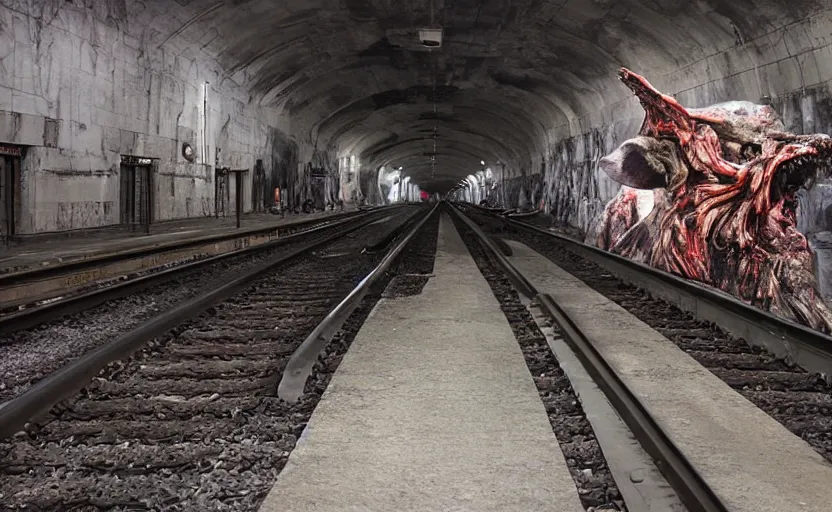 Image similar to very large giant zombie rat on railways in tonnel of moscow metro. extreme high detail. low dark light, scary atmosphere