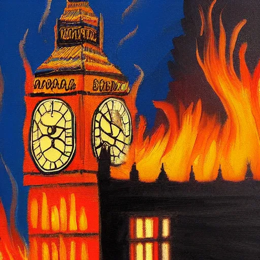 Image similar to detailed, soft, dynamic painting of the Big Ben in flames, burning, arson, professional painting, at dusk