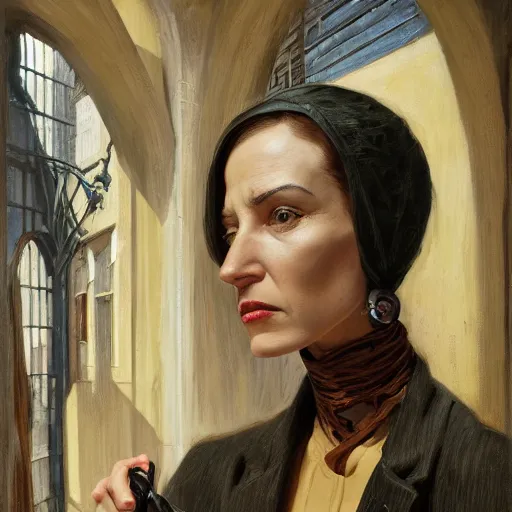 Image similar to detailed face of an intelligent cloaked scholarly woman with kind eyes in a architectonic victorian courtyard at a science expo, atmospheric, ambient, pj crook, syd mead, livia prima, artgerm, greg rutkowski, nick alm, casey baugh