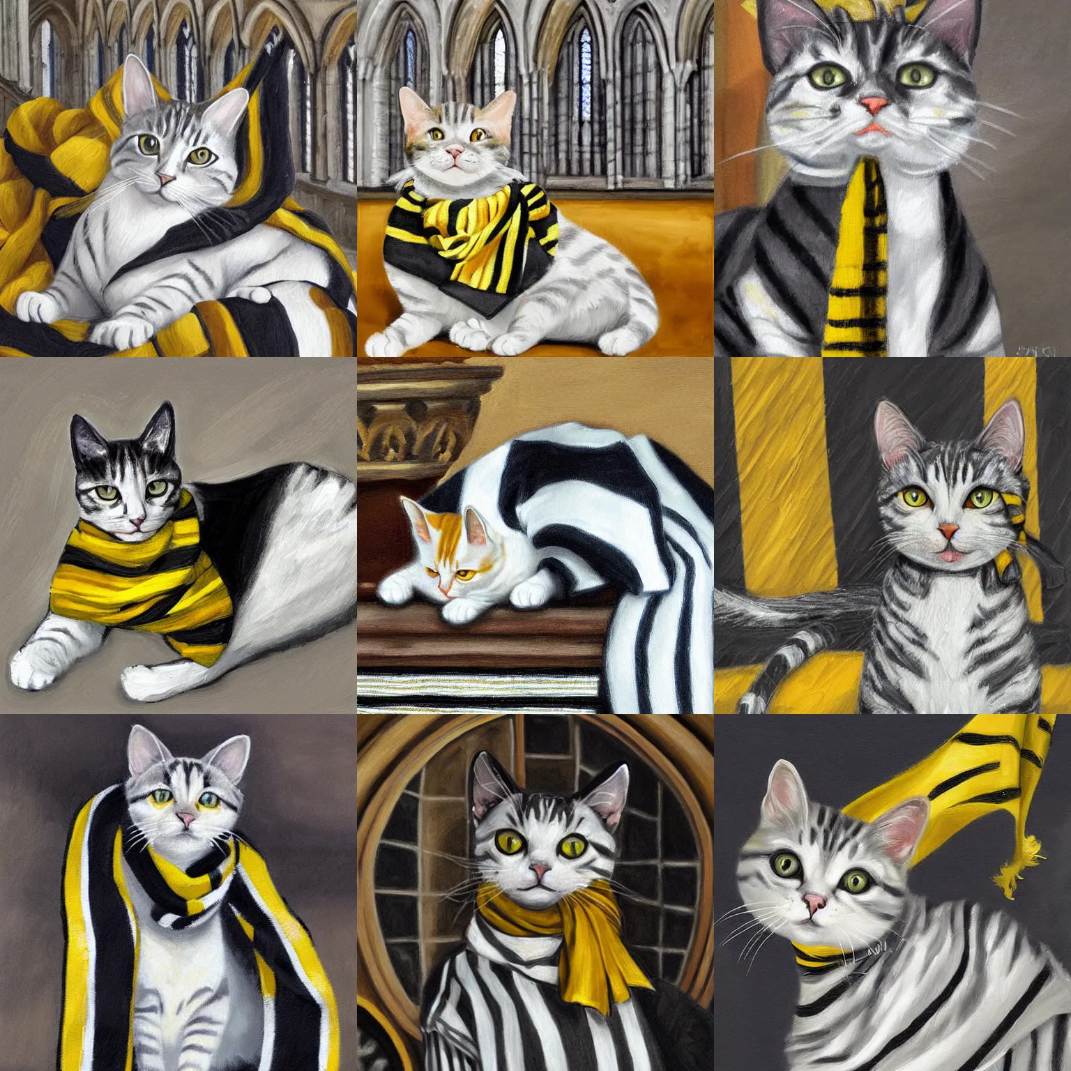 Prompt: oil painting extreme wide shot of a white and grey tabby cat wearing a black yellow striped hufflepuff scarf, in the Gloucester Cathedral cloisters, digital painting, high detail, award-winning, playful