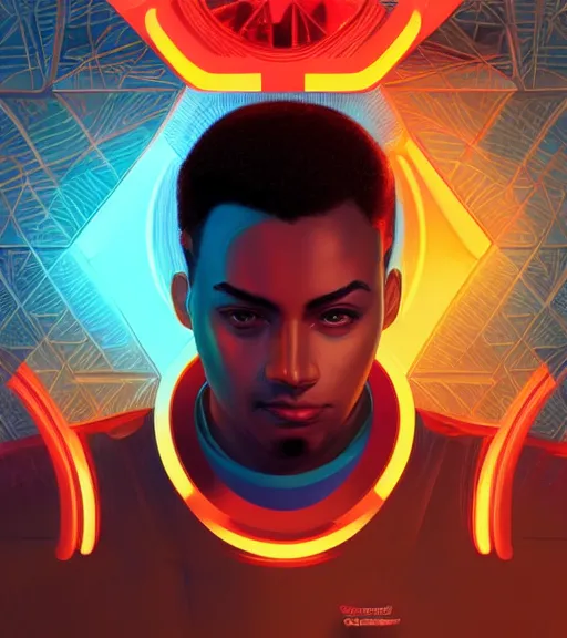 Image similar to symmetry!! egyptian prince of technology, solid cube of light, hard edges, product render retro - futuristic poster scifi, lasers and neon circuits, brown skin man egyptian prince, intricate, elegant, highly detailed, digital painting, artstation, concept art, smooth, sharp focus, illustration, dreamlike, art by artgerm