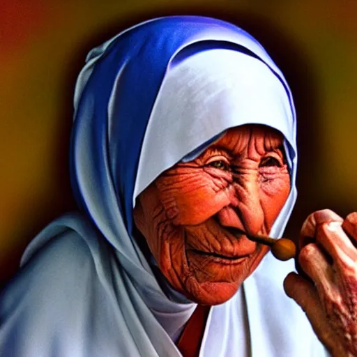 Image similar to hyperrealistic hdr photography of mother theresa playing beatsabre.