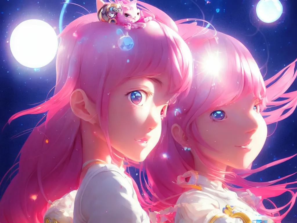 Image similar to bubbly lovely hopefully magical girl flying to the sun set with her kitty, occlusion shadow, specular reflection, rim light, unreal engine, artgerm, artstation, art by hiroaki samura and ilya kuvshinov and ossdraws, high quality, intricate detailed 8 k, fantasy illustration, extremely beautiful and aesthetic shape of face and body, movie poster