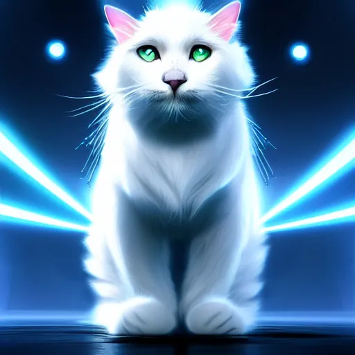 Prompt: tron legacy white fluffy cat, hyper realistic, concept art, intricate, hyper detailed, smooth, dynamic volumetric lighting, cinematic, high quality, high resolution, 4 k, cgsociety, rutkowski, gurney, alphonse mucha