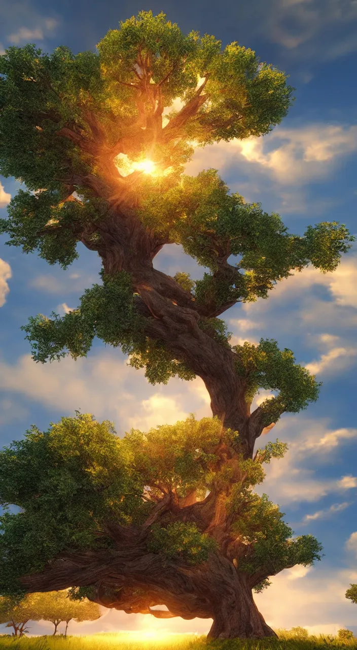 Image similar to a gigantic oak reaching the sky, detailed clouds, sunbeams, heavenly color scheme, unreal engine