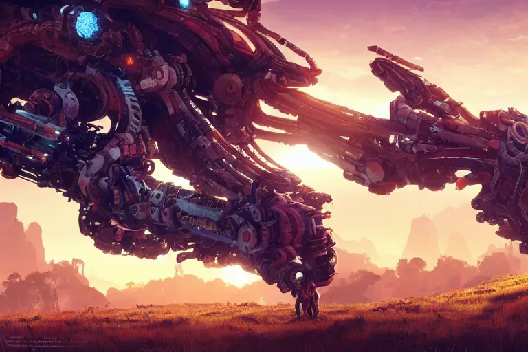 Prompt: snapmaw machine mecanical creature robot of horizon forbidden west horizon zero dawn radiating a glowing aura global illumination ray tracing hdr fanart arstation by ian pesty and alena aenami artworks in 4 k