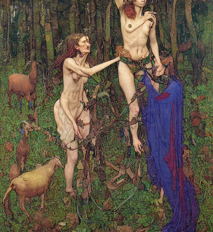 Prompt: pixelated corrupted professional pre-raphaelite defined colours 4k uncropped photo of a person in the forest with a goat and a robot by Ivan Bilibin, Austin Osman Spare, Norman Rockwell, high quality, ultra detailed. Beksinski painting, part by Adrian Ghenie and Gerhard Richter. art by Takato Yamamoto. masterpiece, oil on canvas painting, pixelart, vivid acid neon colours.