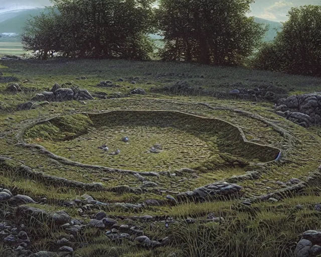 Image similar to a swampy hill landscape with a circle of finger shaped stones, by ted nasmith