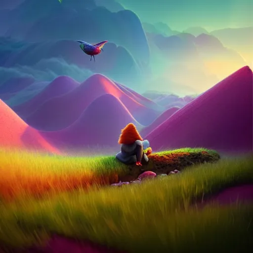 Image similar to nature scene. rainbow mountains. purple sky. fluffy clouds. big green fly. by Petros Afshar, by artgerm, by Eddie Mendoza, by Peter mohrbacher, octane render, 3d, unreal engine, depth of field, bokeh, motion blur, blur