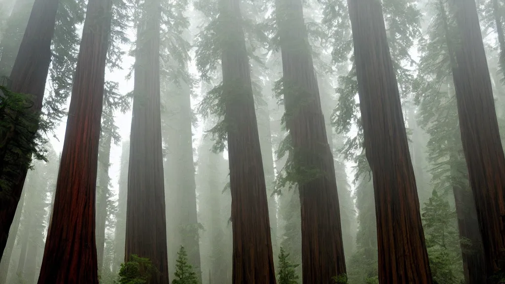 Image similar to redwood forest sequoia very tall trees beautiful concept art misty