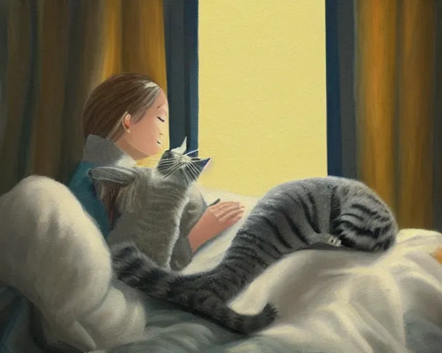 Image similar to a beautiful warm fuzzy painting of a woman curled up with a blanket, petting a cat who is purring with eyes closed. they are both sitting next to a window watching the sun set in winter.