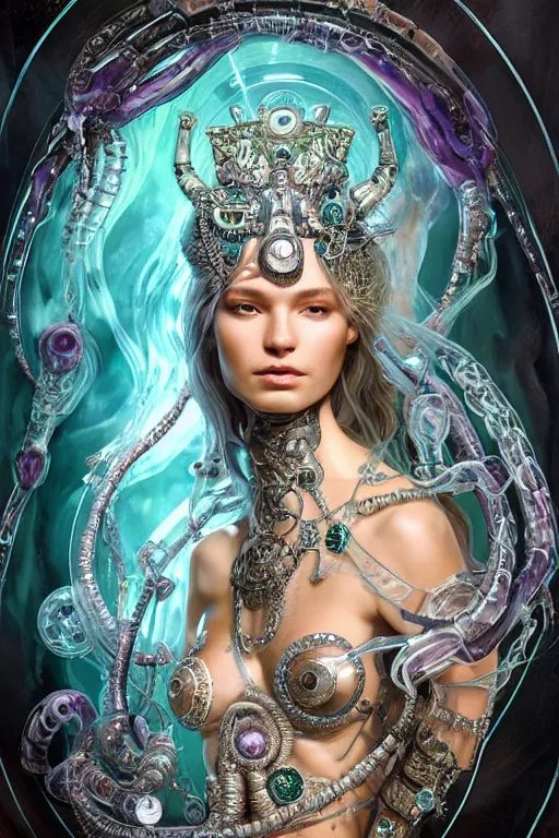 Image similar to a centered render of an alluring wild post apocalyptic cyborg goddess with wearing ornate silver and gemstones and crystal clothing surrounded by flowing liquid gallium jellyfish and sacred geometry, perfect body and face, gorgeous, cinematic, beautifully lit, by artgerm, by karol bak, by donato giancola, 3 d, trending on artstation, octane render, 8 k