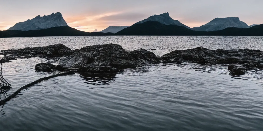 Prompt: rope floating in the water in the middle of a lake, a rocky foreground, mountains in th ebackground, sunset, a bundle of rope is in the center of the lake, eerie vibe, leica, 2 4 mm lens, 3 5 mm kodak film, directed by charlie kaufman, f / 2 2, anamorphic