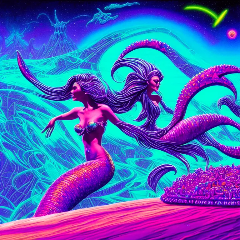 Image similar to cosmic mermaid over infinite crystal temples, ( ( ( synthwave ) ) ), ( ( fractal waves ) ), bright neon colors, highly detailed, cinematic, tim white, roger dean, michael whelan, caza, bob eggleton, philippe druillet, vladimir kush, kubrick, alfred kelsner, isono, vallejo