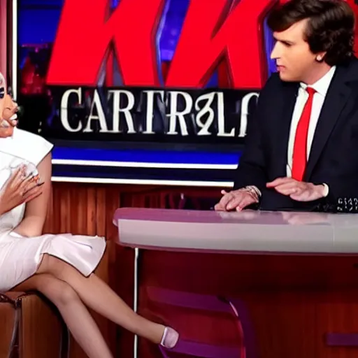 Image similar to “ tucker carlson skeptically interviewing cardi b on fox news ”