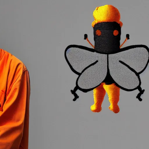 Prompt: inmate with orange suit and wearing a bee head