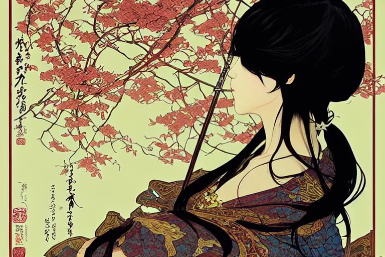 Image similar to beautiful cinematic fantasy poster, asian woman side view using a bokken in forest ; intricate complexity, by shigenori soejima, krenz cushart, alphonse mucha, takato yamamoto, conrad roset, 4 k, beautiful, high quality - h 9 6 0