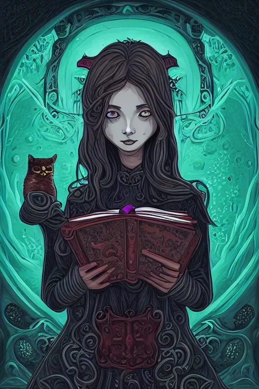 Image similar to ai illustration of romantic girl, her cat and her book of necronomicon, symmetrical, cinematic, sharp focus, 4 k, ultra hd, sense of awe, sinister demonic atmosphere, dreadful, forbidden knowledge, old gods, cthulhu, yog - sothoth! yah, yah, yah! cultist journal cover