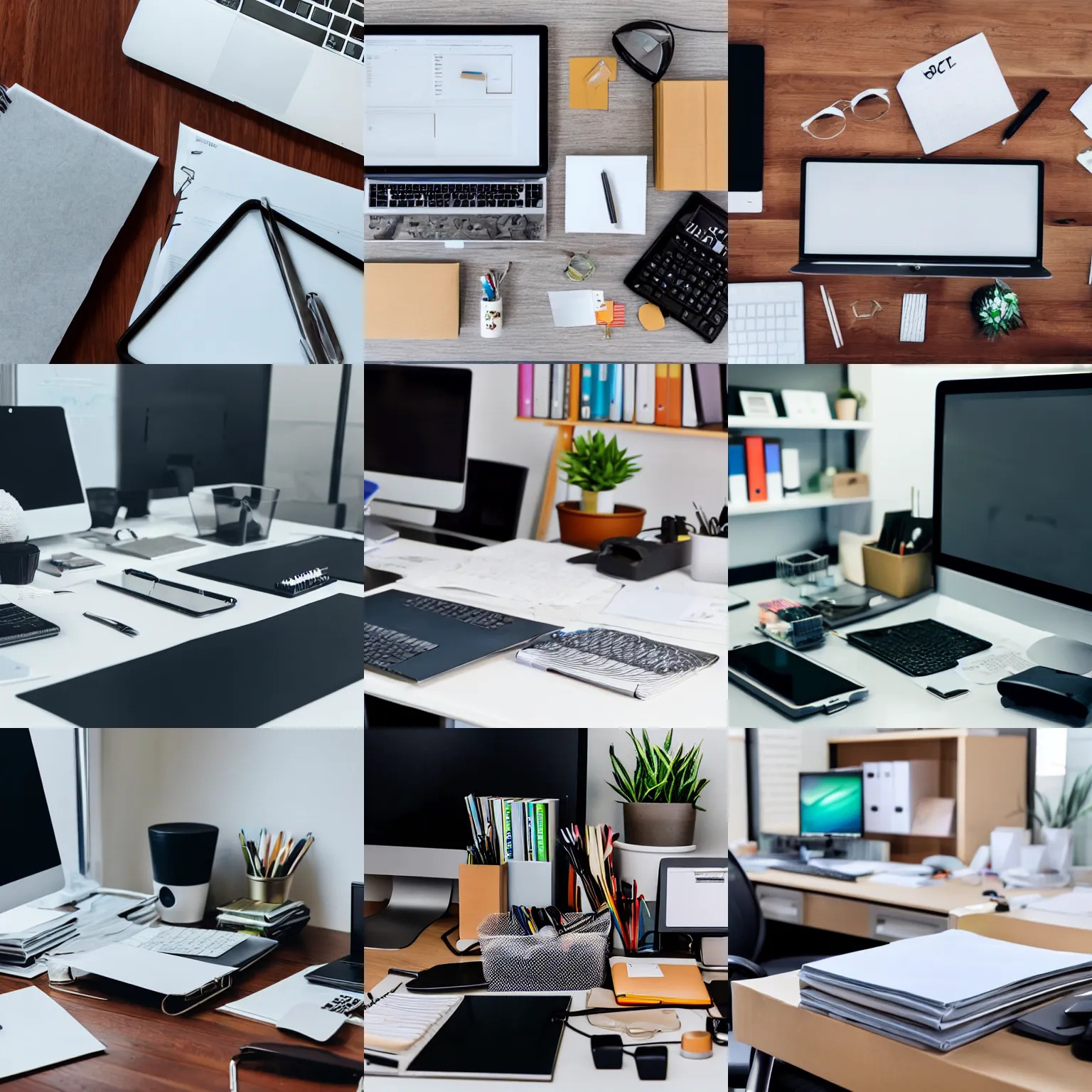 Prompt: close-up photo of office desk with every item on it shrink wrapped