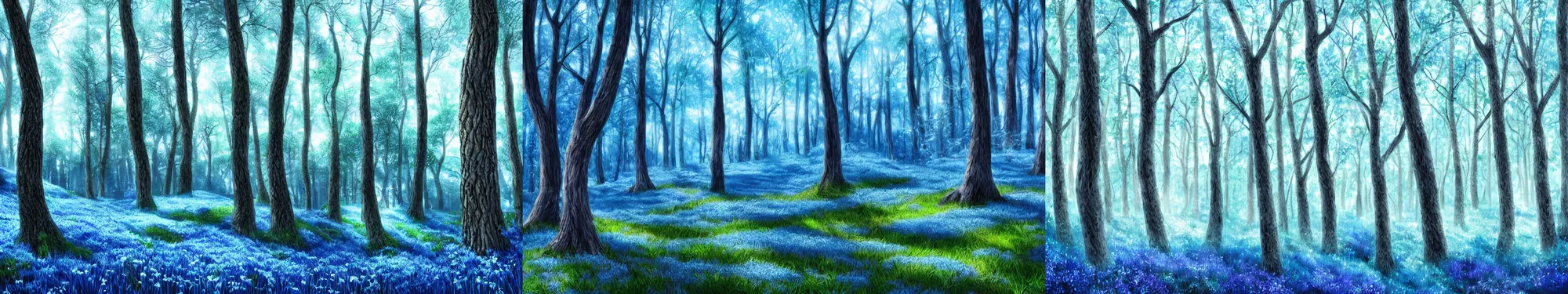 Prompt: Forest. White trees, white trunk, gnarled. Blue grass, blue ground, blue flowers. Fantasy, digital painting, HD, 4k, detailed, vibrant, saturated, artwork.