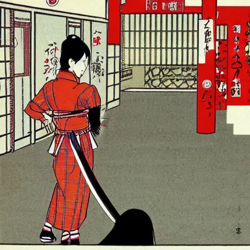 Image similar to Japanese schoolgirl runs away from Samurai with a katana on the subway by Toshio Saeki, high detailed