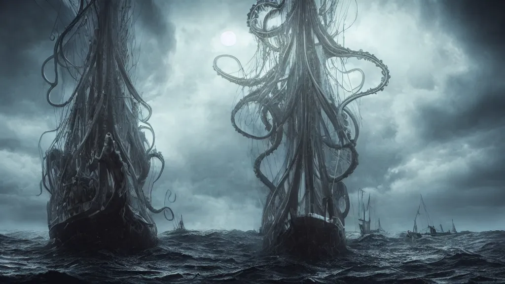 Prompt: giant Lovecraftian creature with large tentacles rising up from the ocean towering over a schooner, storm is raging, horror, creepy, unsettling, dark, mysterious, strange, photo realistic, stunning atmosphere, cinematic lighting, 4K, render