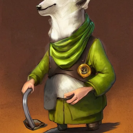 Prompt: Anthropomorphic Corgie with Pipe in his mouthe a green scarf around his neck a monocle up to his eye and a backpack full of wares, D&D Art, Fantasy, by Vince Ruz