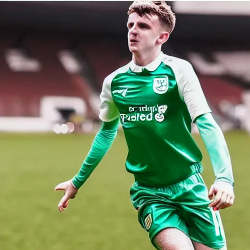 Image similar to “A realistic photo of English football player Mason Mount as a humanoid android with shiny skin and wearing his soccer uniform close up very detailed”