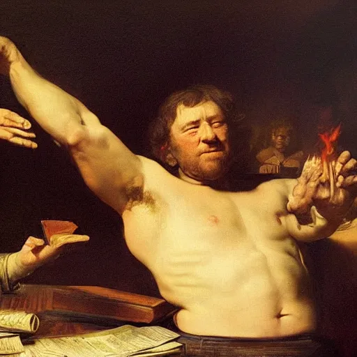 Prompt: Alex Jones burning his money, by Frank Frazetta, by Rembrandt, by Michelangelo, digital painting, masterpiece