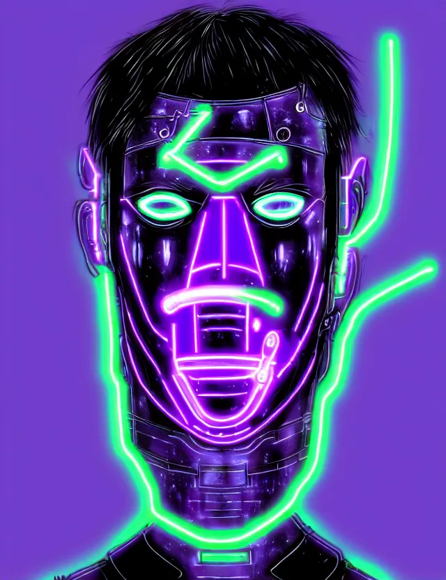 Image similar to a detailed manga portrait of a black haired man with a cybernetic body and face mask with glowing neon purple lights, trending on artstation, digital art, 4 k resolution, detailed, high quality, sharp focus, hq artwork, coherent, insane detail, character portrait