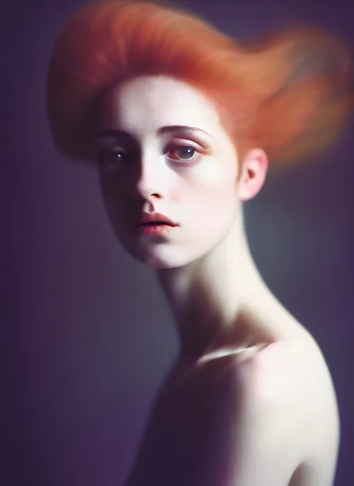 Image similar to kodak portra 4 0 0 photo portrait of a beautiful woman, sub surface scattering, hair baroque hair style, fineart in style of paolo roversi, 5 0 mm lens, sharp focus, head in focus, soft blur matt, volumetric lighting