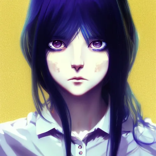 Image similar to two gold eyes on a long blue - haired girl with bangs gothic anime character noir, screenshot, anime, sharp focus, intricate, illustration, cell shaded, digital painting, highly detailed, concept art, matte, art by ilya kuvshinov, wlop, and greg rutkowski, studio quality, james jean, artem demura