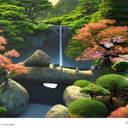 Image similar to view from the mountain top to see a costal city on an alient planet, elven architecture buildings, 8k, wide angle view, hyper realistic, waterfall under bridge, sunlight shining through into the city, zen japanese gardens, sakura trees, japanese autumn tree 18 4k photorealistic, volumetric lighting, HD, high details, dramatic, trending on artstation