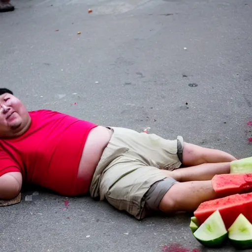 Prompt: a chinese fat guy lay on the ground with blood in a melon stall