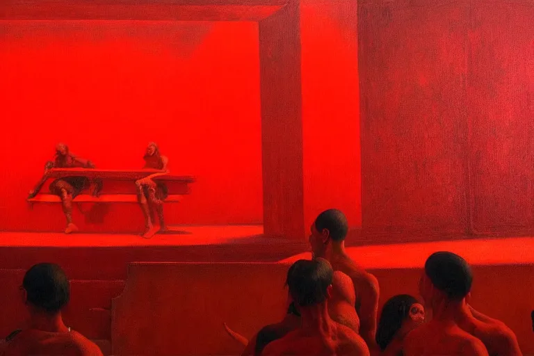 Image similar to only with red, crowd screaming, an exposed painting in a roman theater, in the style of beksinski, parts by edward hopper, parts by rodcenko, parts by yue minjun, intricate and epic composition, red by caravaggio, insanely quality, highly detailed, masterpiece, red light, artstation, 4 k