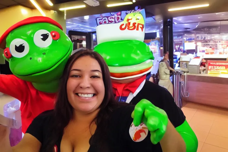 Image similar to I took a selfie with the corporate mascot of fast food chain frog burger, selfie photography, 55mm