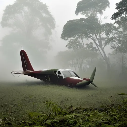 Image similar to beechcraft type 1 8 crash landed in a misty foggy jungle,