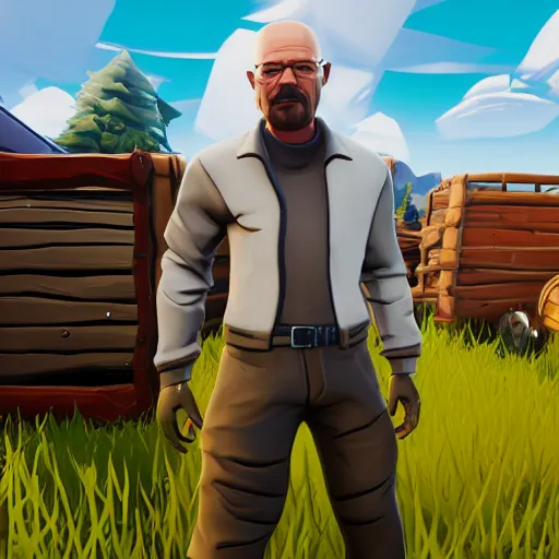 Prompt: Walter White in Fortnite gameplay screenshot