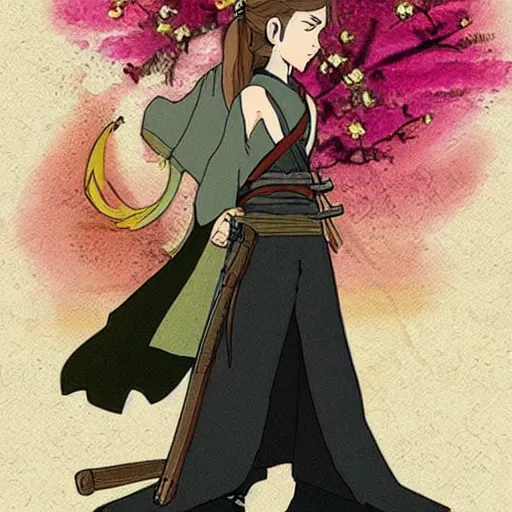 Image similar to emma watson, epic, samurai, in the style of Studio Ghibli, Hayao Miyazak